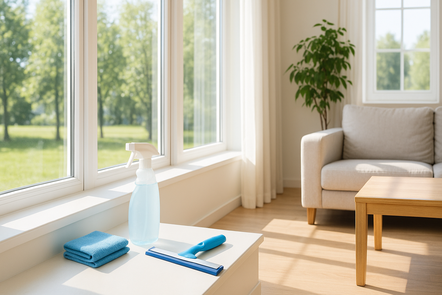 Bright living room with large clean windows and neatly arranged cleaning supplies including a spray bottle, squeegee, and microfiber cloth on the windowsill